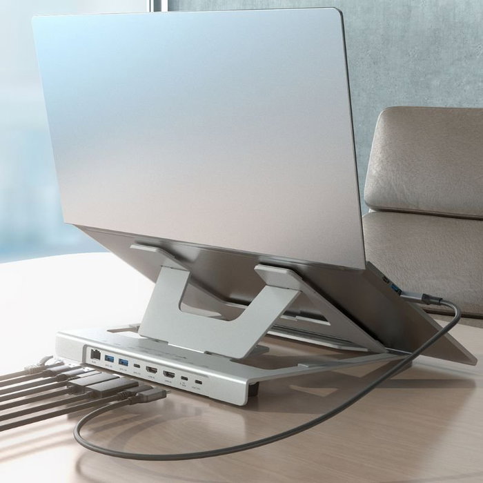 Aisens ASUC-7P046-GR Soporte Ajustable Portátil Tablet con Docking USB-C 7 en 1, 2xHDMI 4K, RJ45, 2xUSB-A, USB-C PD 100W, Gris